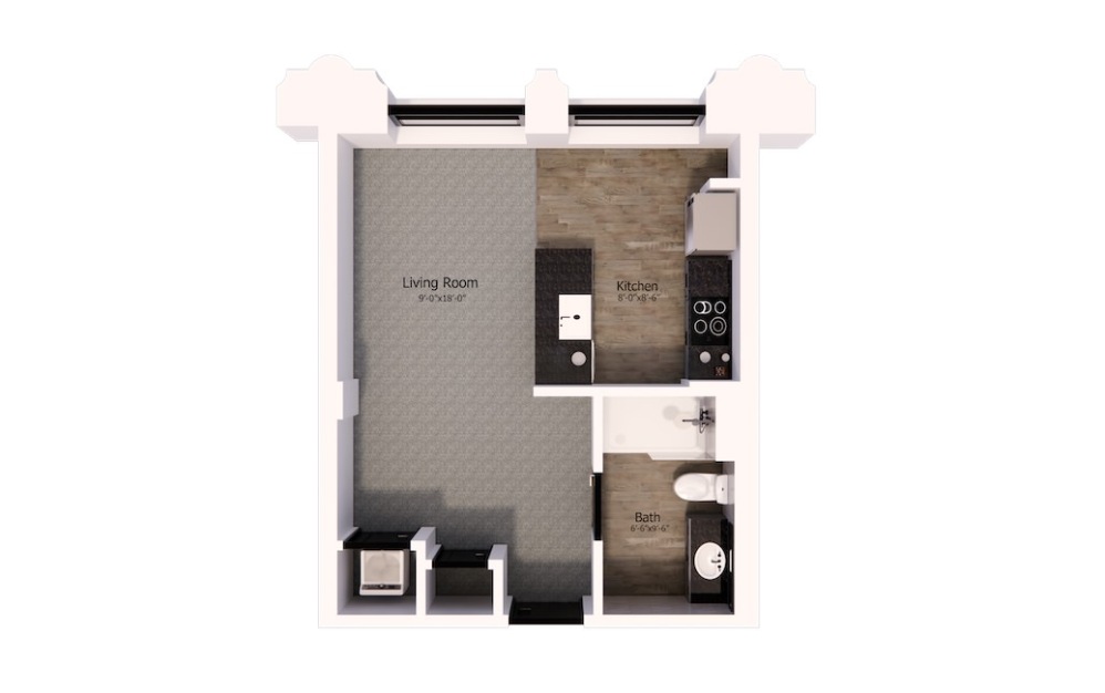 543 - Studio floorplan layout with 1 bathroom and 410 square feet