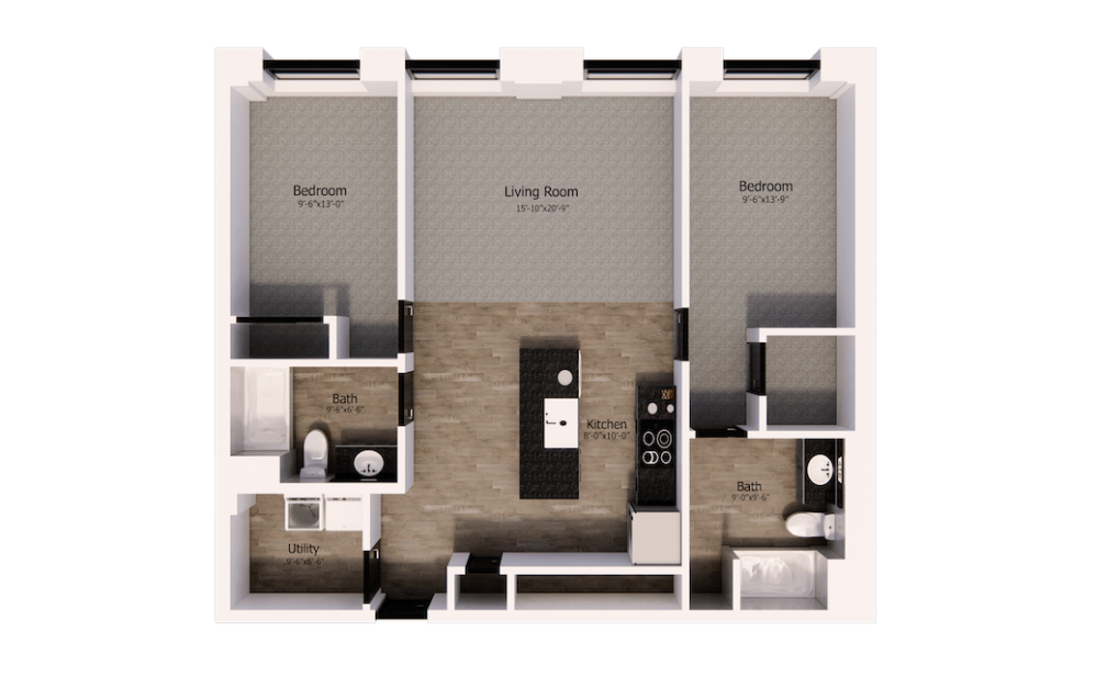 546 - 2 bedroom floorplan layout with 2 bathrooms and 1085 square feet