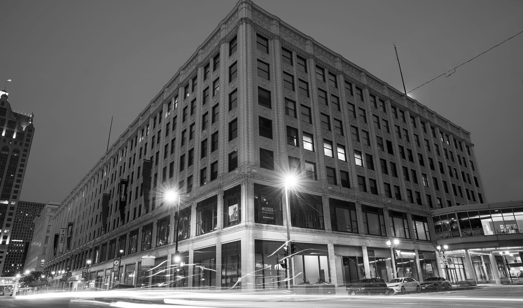 black and white photo of Lofts at Plankinton exterior at night